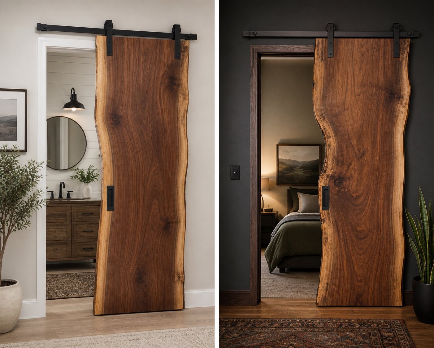 Live-edge barn door in light and dark rooms
