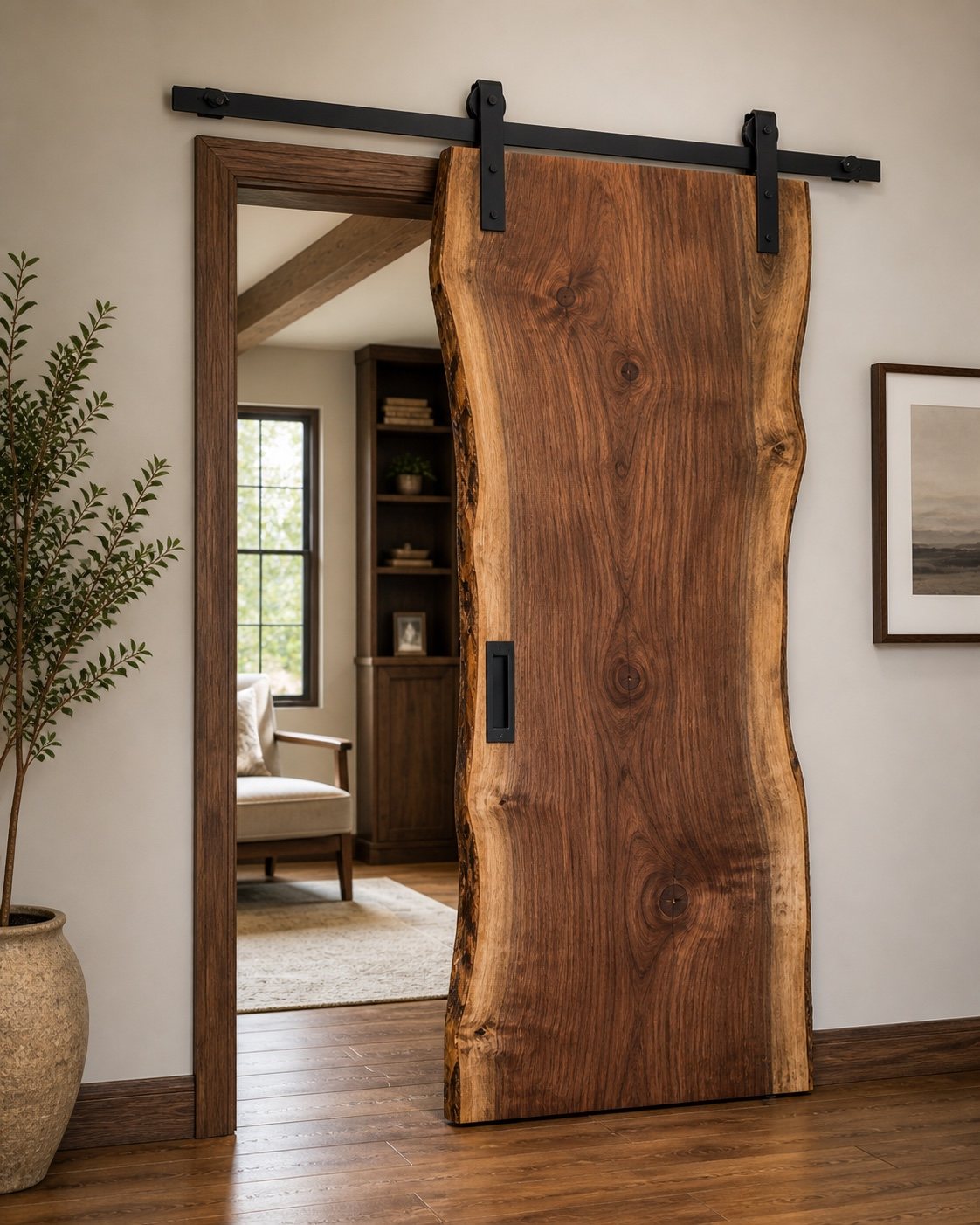 Live-edge walnut barn door installed in a bright interior