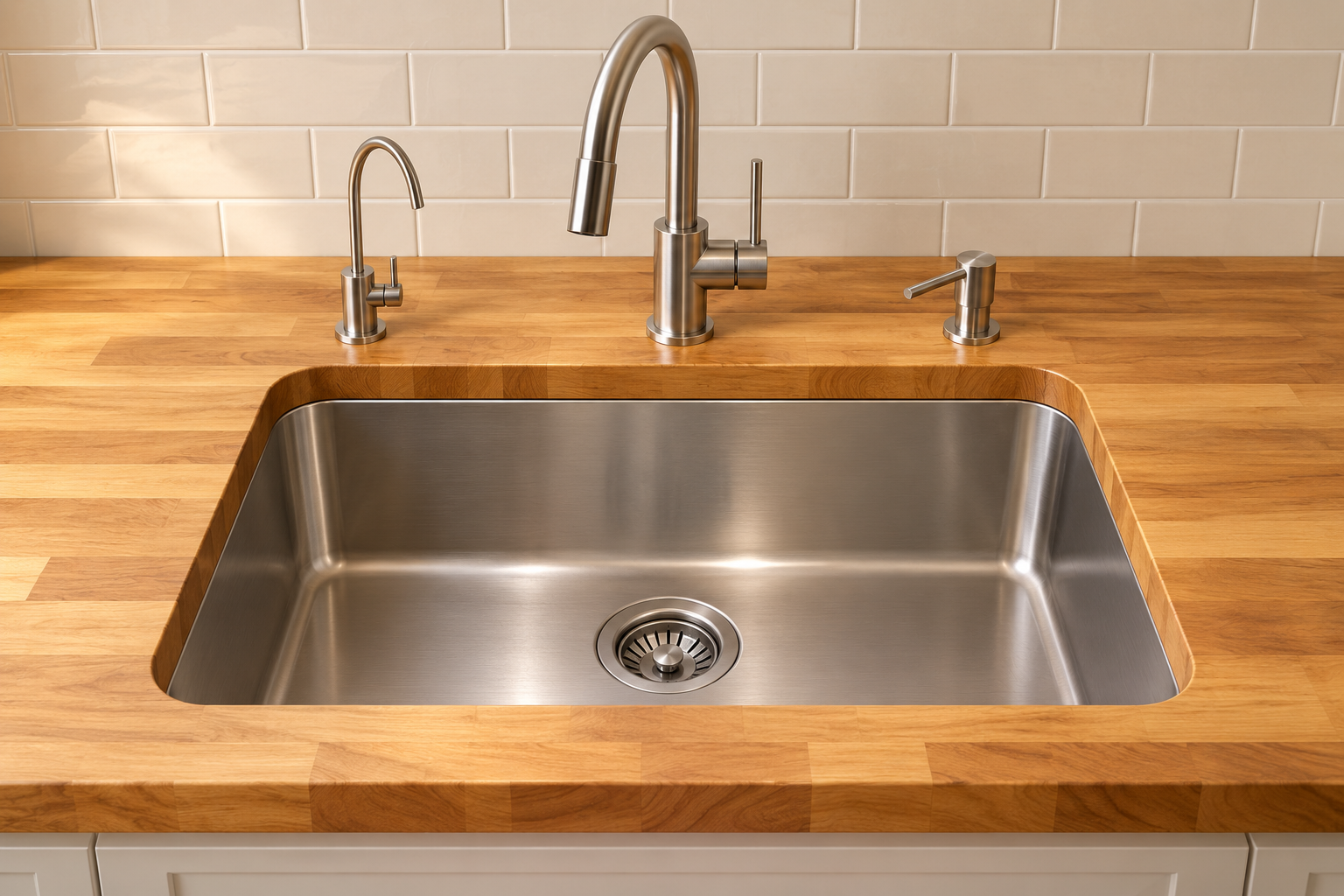 Design illustration of an undermount sink in wood with a central single-handle faucet, filtered-water tap on the left, and soap dispenser on the right