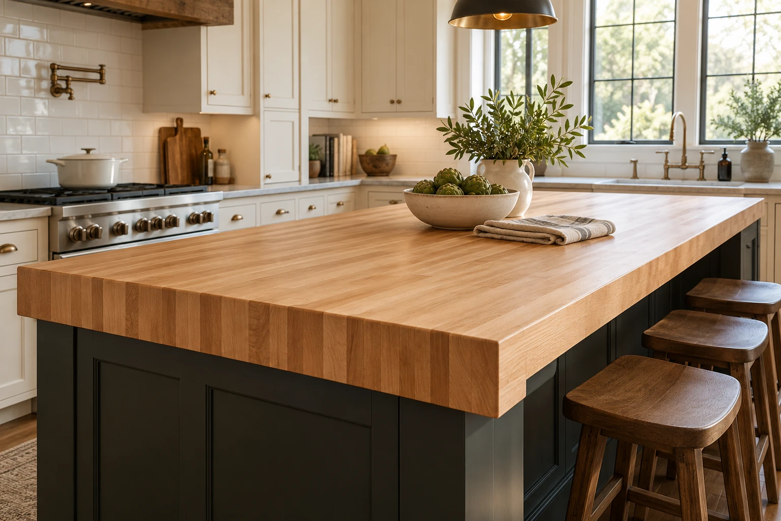 AI-generated design inspiration of a natural beech butcher block kitchen island