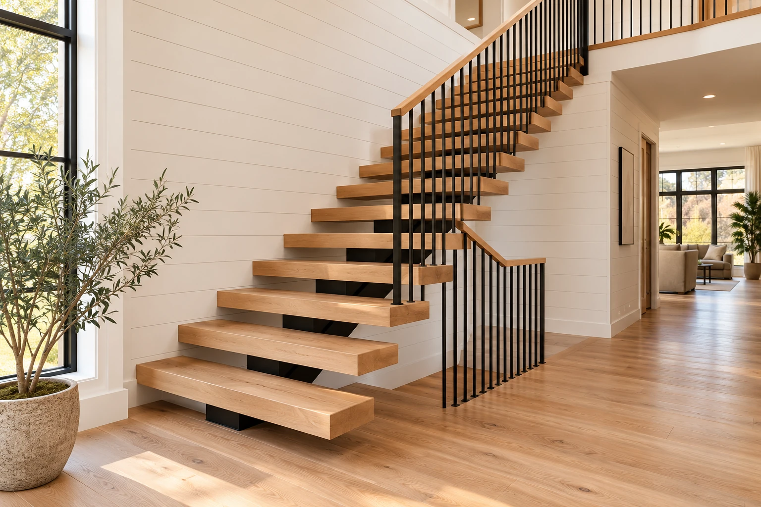 AI-generated design inspiration of beech floating stair treads beside white shiplap