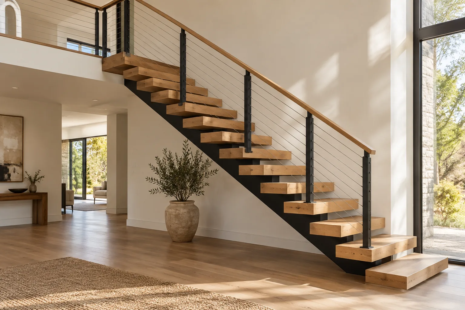 Floating wood stair treads with black supports and cable railing