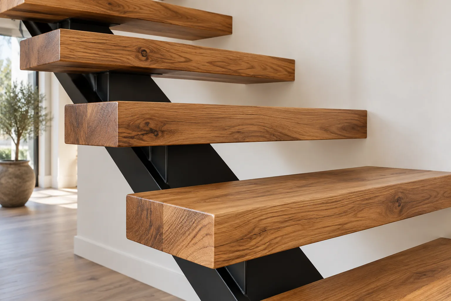 Close-up of wood grain and eased edges on thick floating stair treads