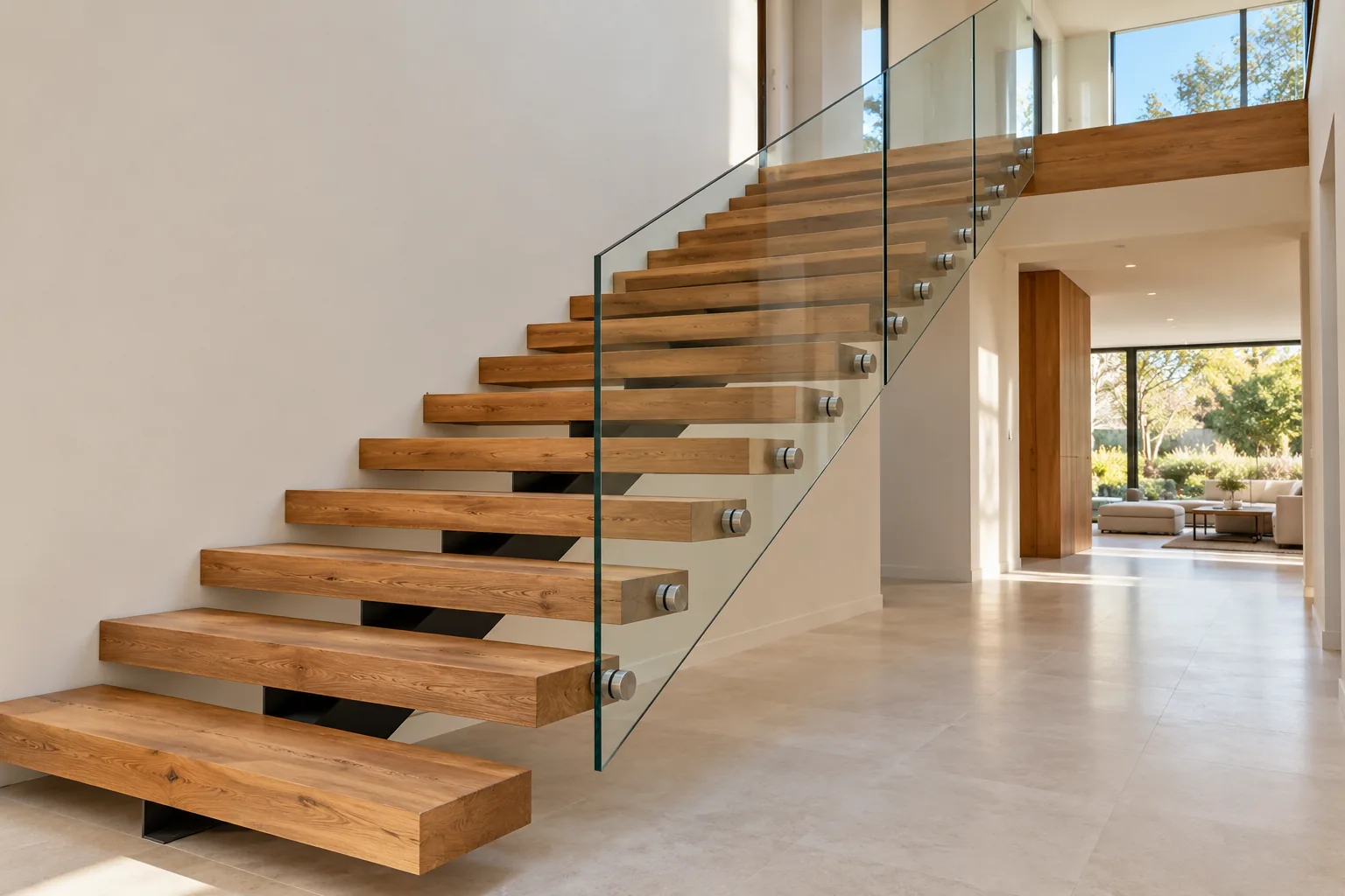 Floating hardwood stair treads with clear glass railing