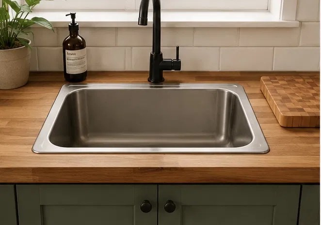Drop-in stainless steel sink installed in a butcher block countertop