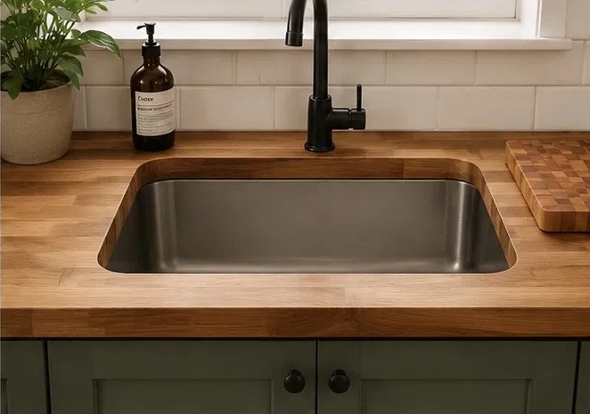 Undermount stainless steel sink beneath a butcher block countertop