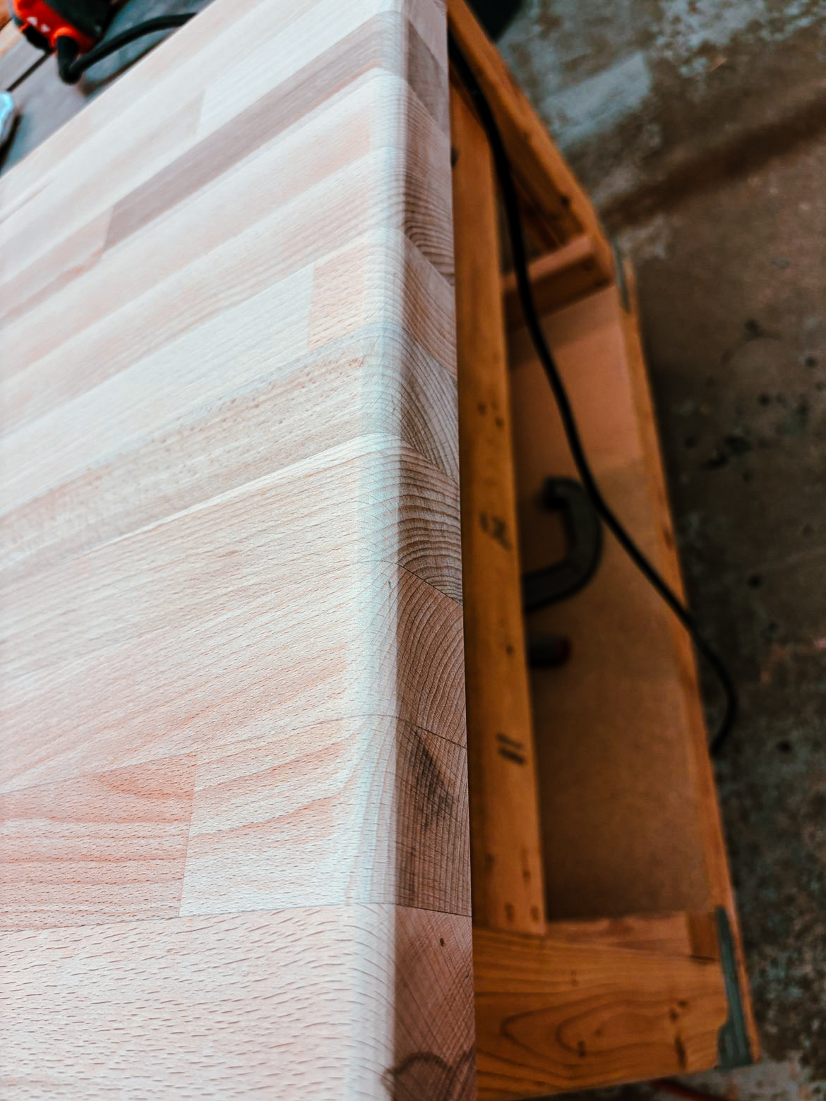 Smooth routed edge on a European beech butcher block surface