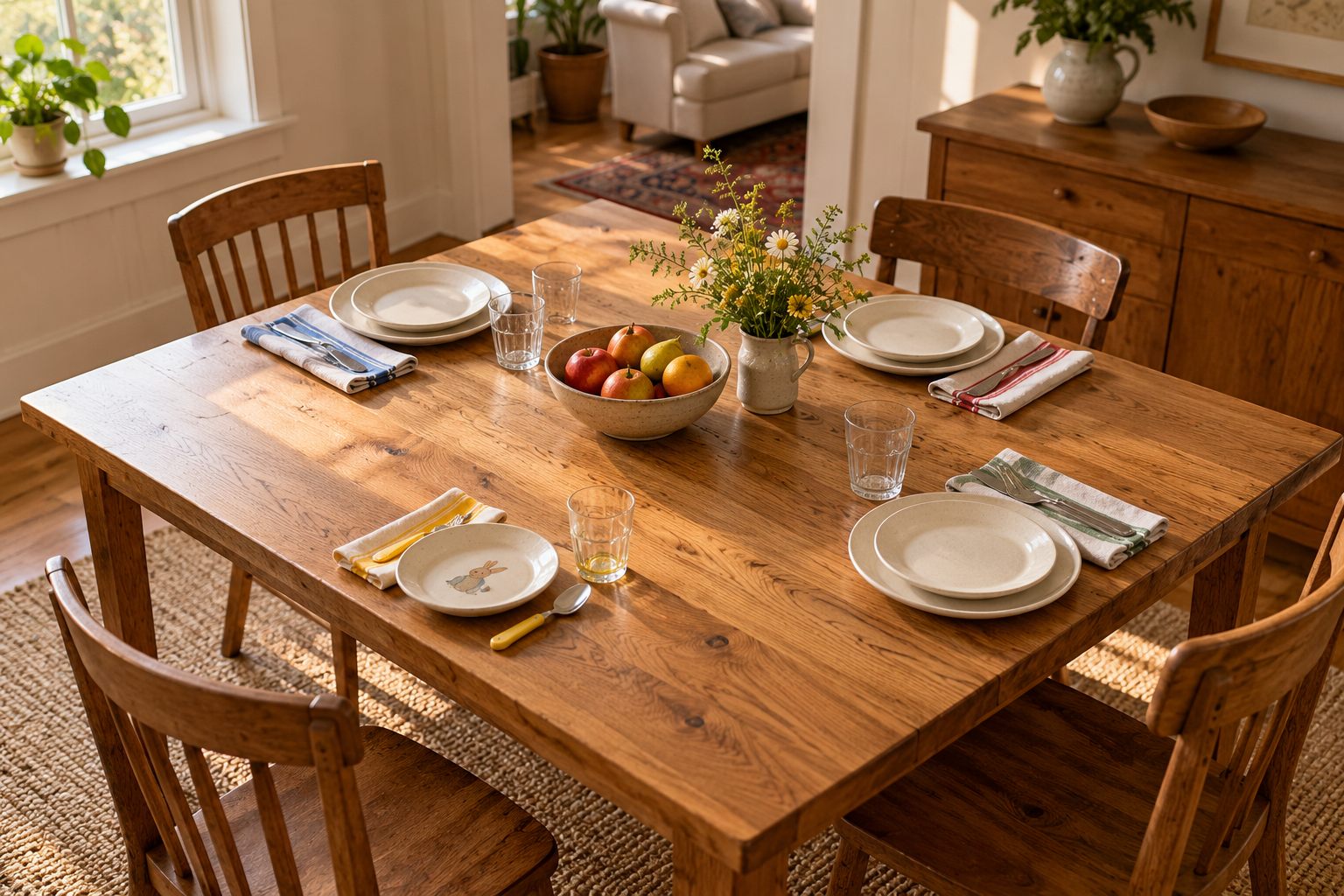 Design illustration of a renewed wood table set for a cozy family meal