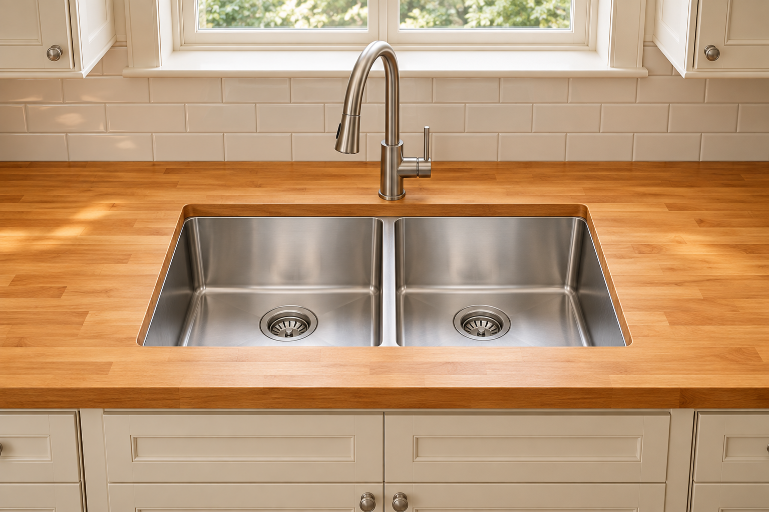 Design illustration of a double-bowl kitchen sink in a custom wood countertop