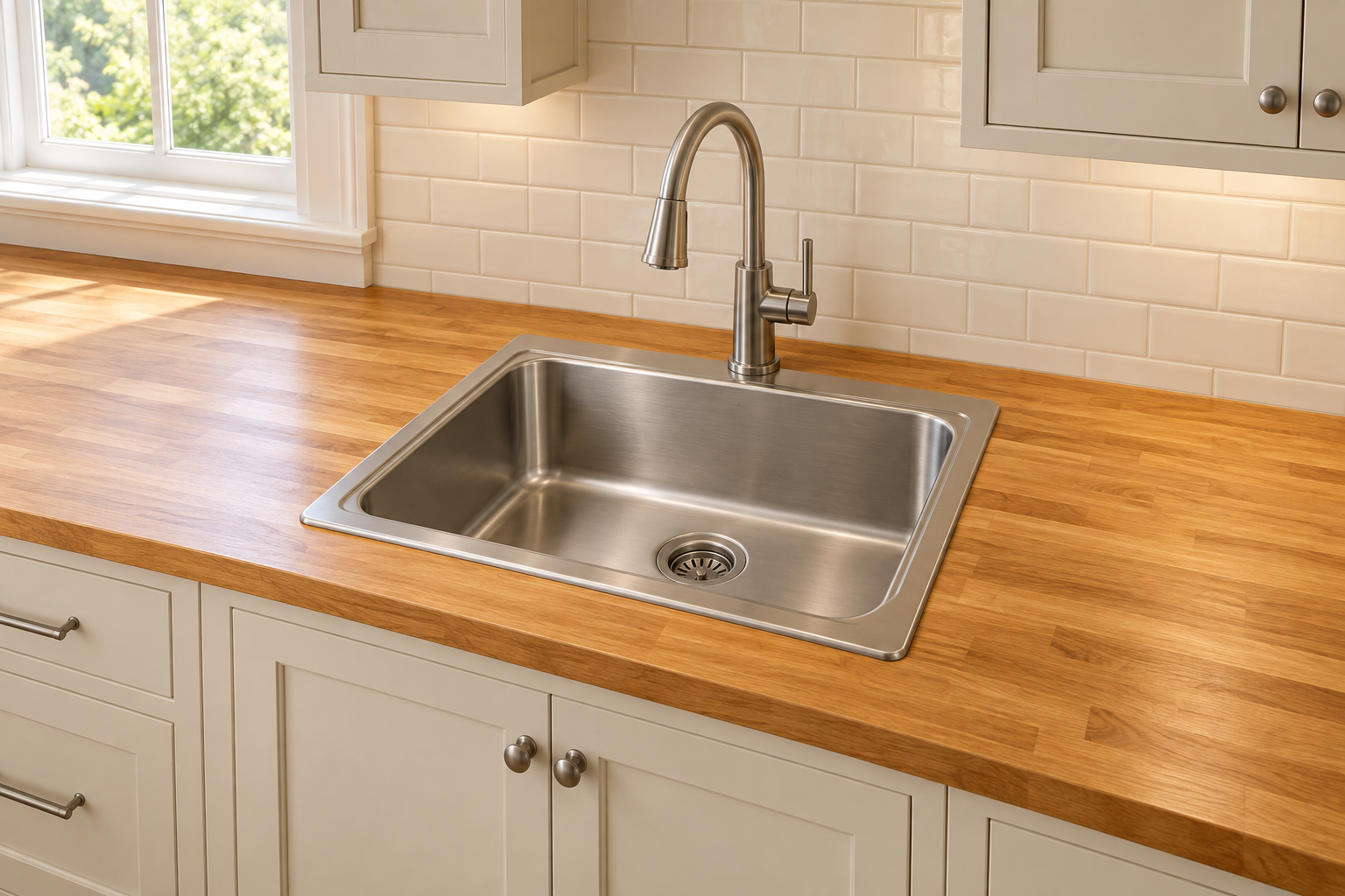 Design illustration of a stainless steel drop-in sink with a visible rim on a wood countertop