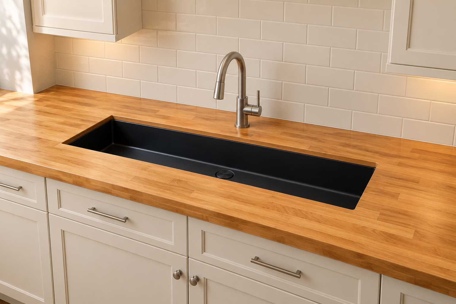 Design illustration of a black trough sink in a custom wood bar countertop
